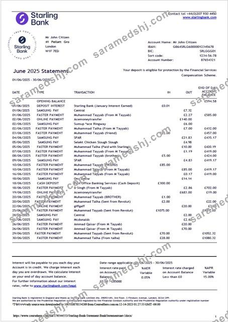 UK Starling Bank statement Word and PDF template